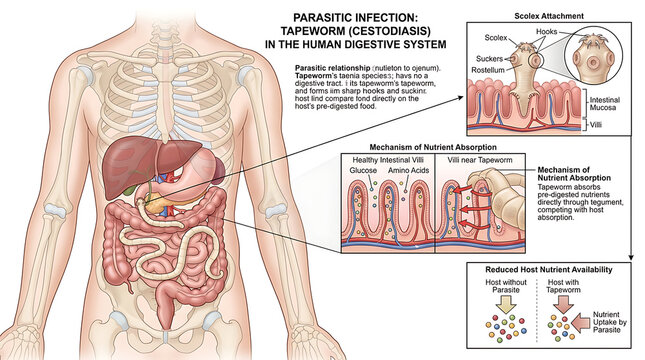 Human digestive system with parasitic infection of tapeworm cestodes.