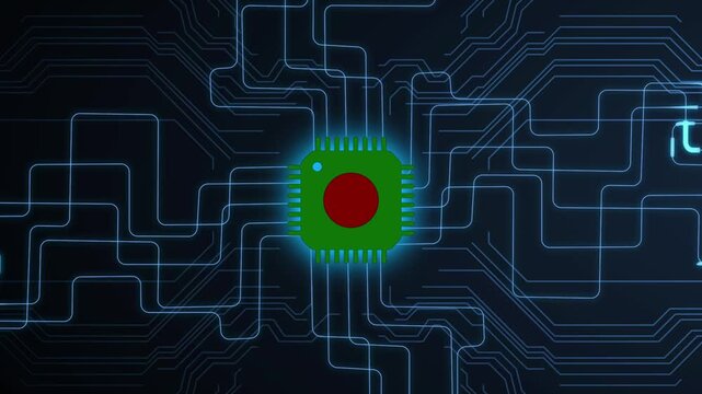 Cyber Network Circuit Animation with Bangladesh Flag Microchip