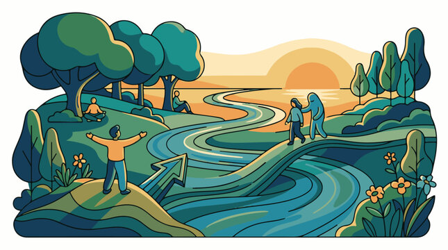 A winding river flows through a vibrant landscape with trees people and a sunset