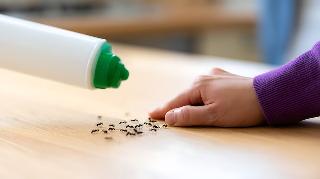 Applying powdered insecticide to a group of small black insects on a light wooden surface in a clean interior setting, pest control concept