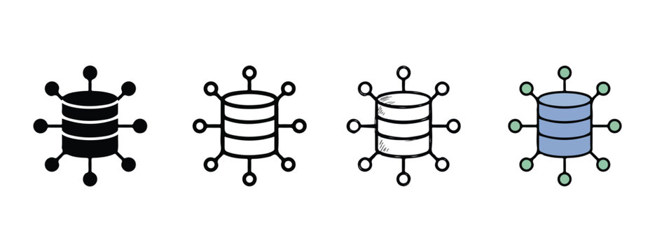 database storage icons with different colored cylinder servers and various connecting lines and nodes on white background