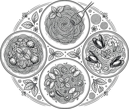 Hand drawn Italian pasta vector illustration set with spaghetti seafood noodles meatballs round top view vintage woodcut engraving style