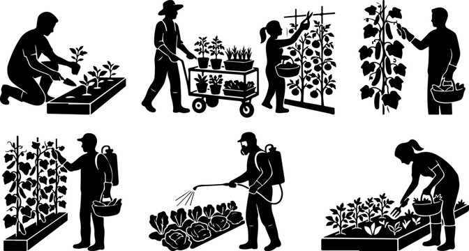 Set of silhouettes of farmers working in the garden and greenhouse vector illustration