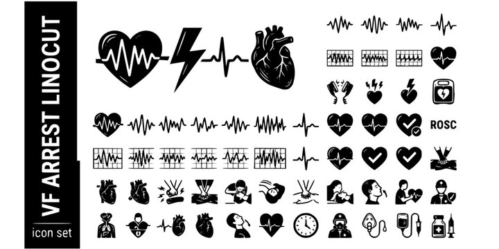 VF Cardiac Arrest Linocut Black White-VF Wave Defib Shock Circulation Return-Resuscitation Vector-VF Icon Linocut-Cardiology ICU Design Set