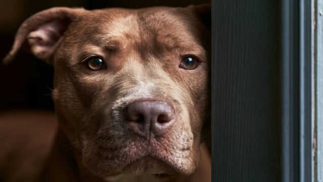 A pitbull dog is interested Come out and see the guests coming to the house