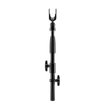 Black metal microphone stand with adjustable arms and clamp
