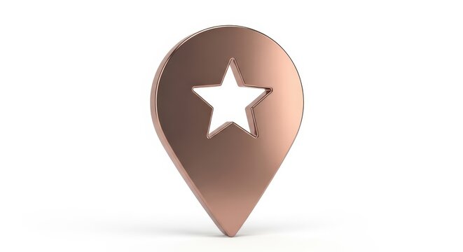 Metallic Bronze Map Pin Marker with Five Pointed Star Cutout Isolated on White Background for Navigation and Location Concepts 3D Rendered Object