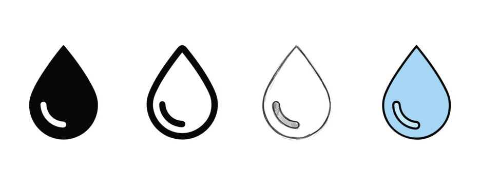 water drop icons in black white and blue on white background  simple line and filled styles