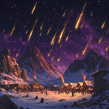 "Apocalypse Night: Meteor Shower Over the Frozen Village"