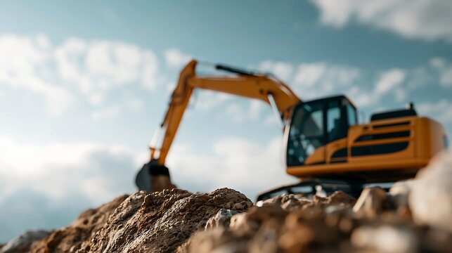 Blurred excavator behind sharp foreground soil on construction site, earthmoving equipment concept with copy space, suitable for infrastructure, engineering and excavation projects
