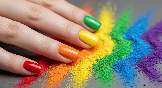 Rainbow colored nail polish on hand.
