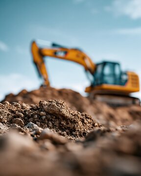 Rocky soil in foreground with blurred excavator on construction site, earthmoving equipment concept for infrastructure, excavation and engineering projects