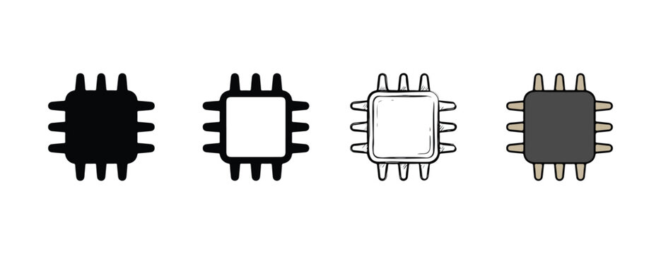 microchip icons in black white and gray colors on a plain white background for electronic and technology designs