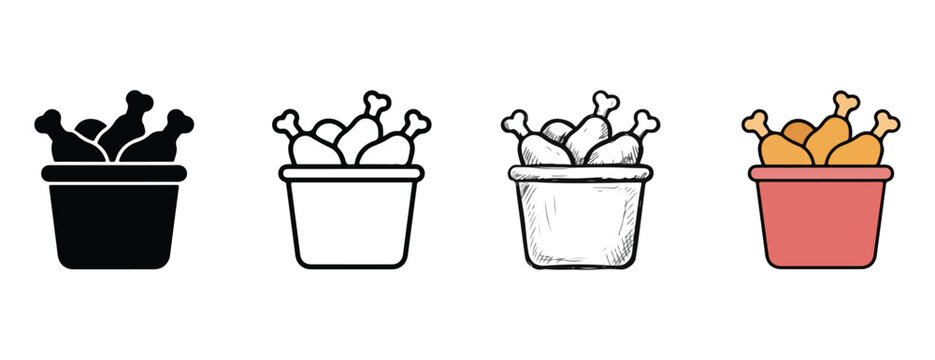 chicken drumsticks in buckets  black  white  gray  red buckets with fried chicken legs