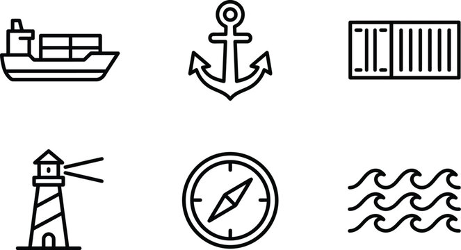 Cargo ship line icon set for maritime shipping and ocean logistics