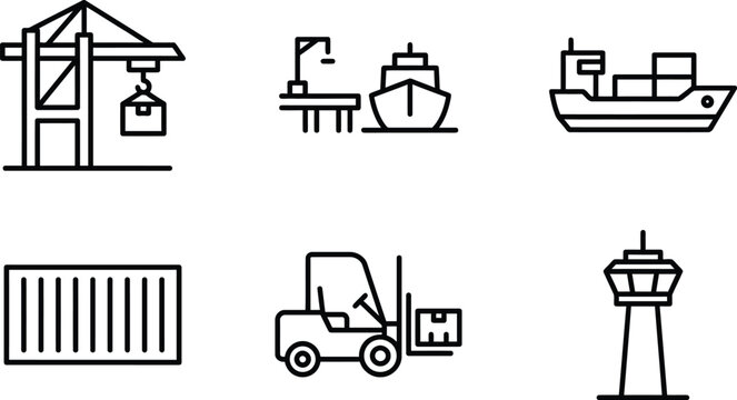 Container crane line icon set for maritime port operations and shipping