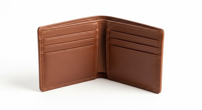 Open empty brown leather wallet isolated on white background high angle view of classic mens bi fold accessory for currency storage and personal