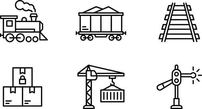 Locomotive line icon set for rail freight cargo transport logistics