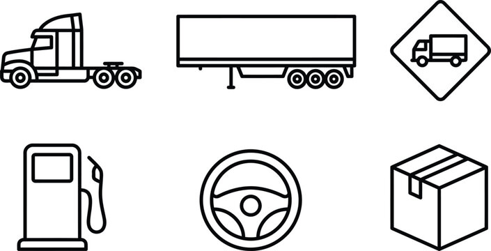 Semi truck line icon set for commercial road freight transport
