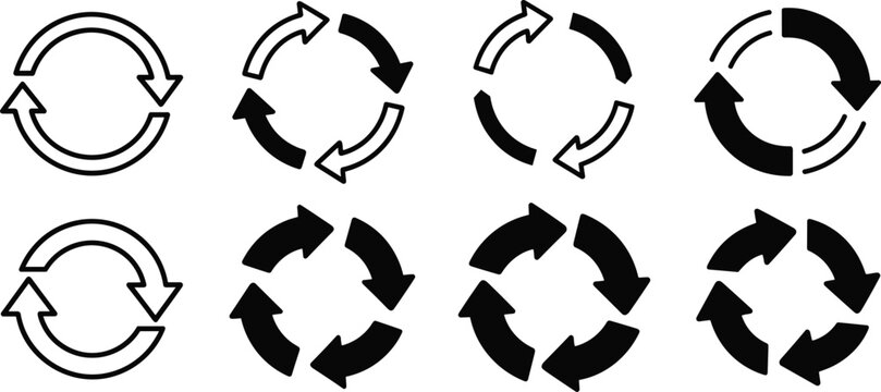 Black refresh icons, circular arrow symbols, repeat signs, reload collection, loop graphics, replay elements, update indicators, motion direction, isolated interface.