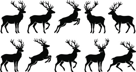 Deer silhouettes, stag black icons, reindeer shapes, elk collection, forest animal outlines, wildlife graphics, hunting buck symbols, nature antler designs, woodland creatures, wild deer. © MdJafrul