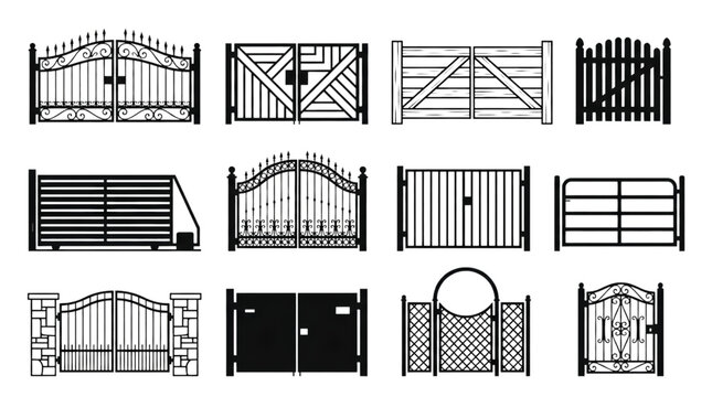 Black Gate Silhouette Vector Icon Set Featuring Classic Wrought Iron Modern Metal and Rustic Wooden Entrance Gates