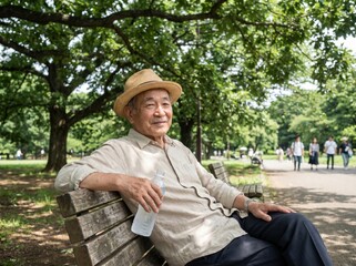 Fototapeta premium 公園のベンチに座る高齢男性