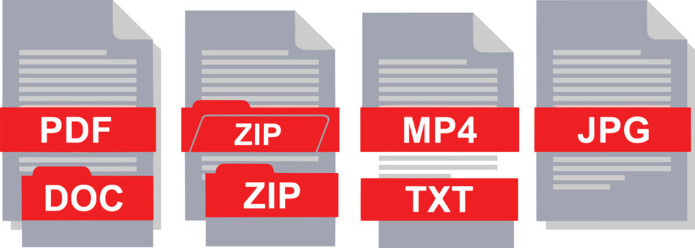 Digital file format icons, PDF document, ZIP folder, MP4 video, JPG image, DOC text, TXT file, flat data storage symbols, web interface elements, media extension graphics, information management.