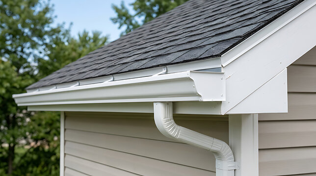 Close-up view of the roof and gutter system of a suburban house with detailed siding and roofing shingles