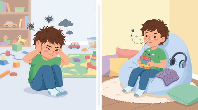 Comparison illustration showing a stressed child having a meltdown and the same boy using sensory toys and breathing techniques to feel calm. Concepts of mental health and self-regulation.