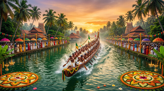Onam Vallam Kali boat race celebration showcasing Kerala culture with festive scenic backdrop