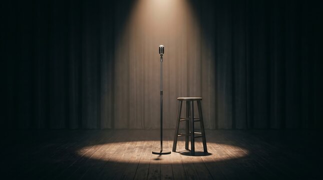 Vintage microphone and wooden stool under spotlight, empty stage with dark curtains, stand-up comedy club or theater performance background