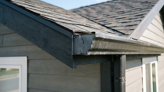 Close-up view of a roof with metal flashing and wooden siding on a sunny day capturing construction details and roofing materials