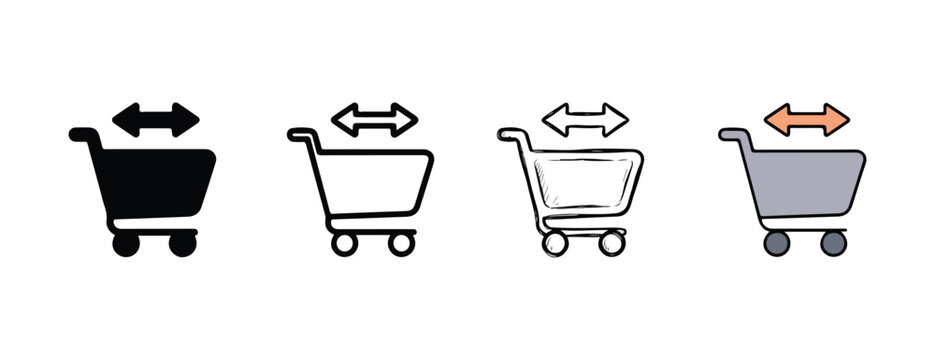  shopping cart icons with arrows on white background for business and commerce concepts  representing direction and movement in retail and online shopping