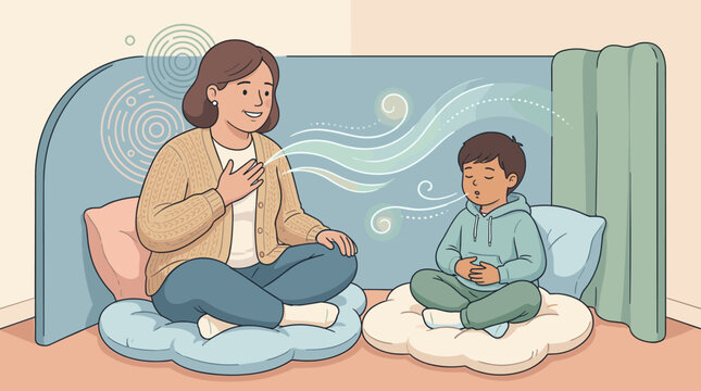 A mother and son sit on cushions, practicing mindful deep breathing. The calm illustration promotes mental health, meditation, stress relief, and parent-child bonding for wellness.