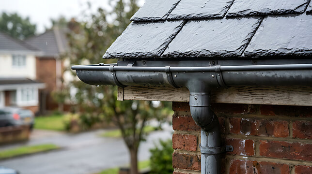 Close-up view of a brick house corner showcasing black slate roofing and rain gutter system with rain-damaged wood soffit