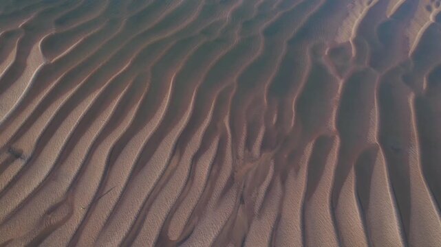 Aerial drone view of natural sand ripples pattern on sandy beach at low tide during golden hour.