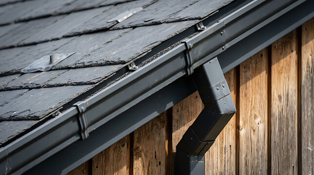 Close-up of modern black gutter system installed on a wooden roof structure showcasing seamless design and efficient water