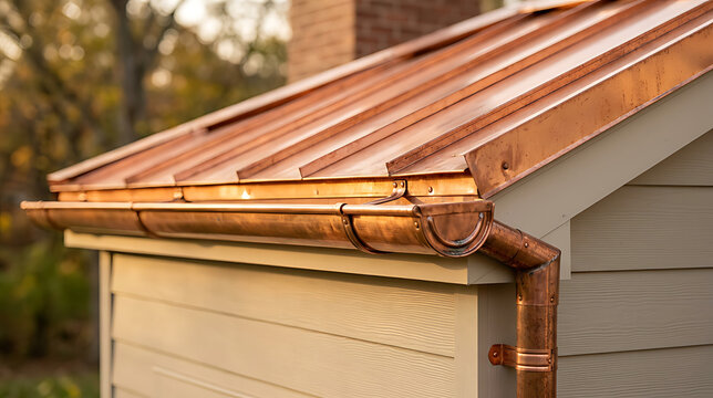 Close-up view of a copper rain gutter system attached to the edge of a house roof with a terracotta metal roof and beige siding