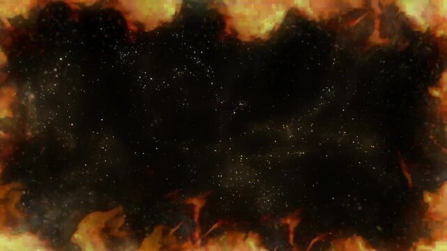Fire frame composed of intense orange and yellow flames surrounds a central field of starlight particles to create a dramatic contrast between elemental heat and the cold mystery of deep space.