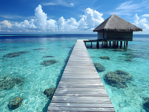 Tropical Paradise: Wooden Pier Leading to Overwater Bungalow