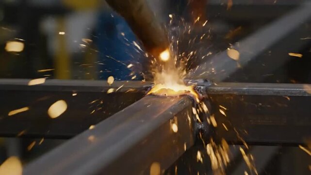 Metalworking process: Close-up of welding tool joining two steel beams with bright sparks and smoke in a workshop.