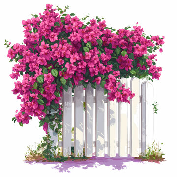 Bougainvillia Fleurissante derri&egrave;re une cl&ocirc;ture blanche