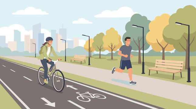 Vector illustration of a woman riding a bicycle and a man jogging in a city park. Healthy lifestyle, outdoor fitness, active recreation, urban green space, daily morning exercise concept.