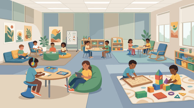 Diverse children engage in learning and creative play activities in a colorful modern preschool classroom. Ideal for educational concepts, early childhood development, and daycare themes.
