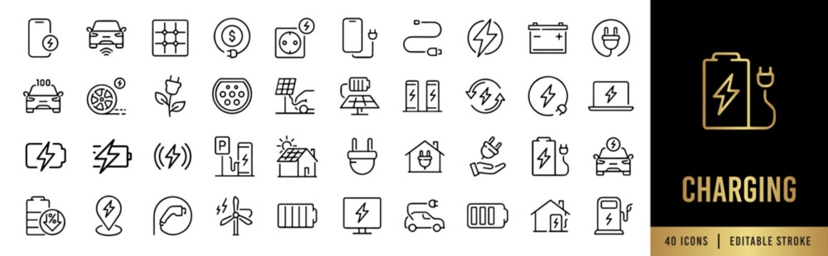 Charging Line Icon Set. Electric Vehicle, Renewable Energy, Battery Power, Solar Station, and Green Tech. 40 Editable Stroke Vectors for GreenTech UI.