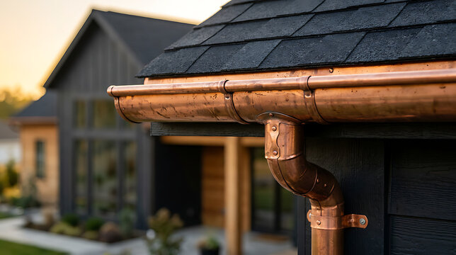 Close-up of modern house roof with copper gutter system and black shingles under warm sunset light