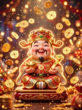 Cute Caishen toy surrounded by floating golden coins, smiling expression, glowing outline lighting, premium glossy vinyl material