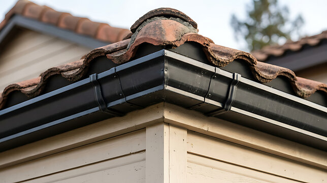 Close-up view of roof tiles and gutter system on a residential building with beige siding and clay tile roofing for weather