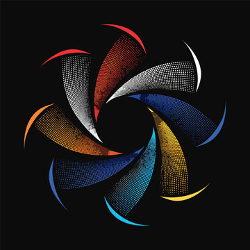 Multi-colored spiral camera shutter logo design with halftone dot patterns and textured swirling blades, photography abstract concept